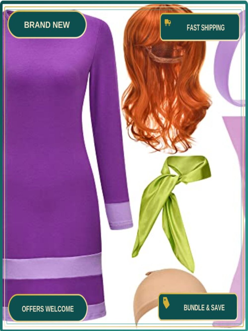Halloween Costume Set Women Long Sleeve Mini Dress 6Pc Purple Outfit